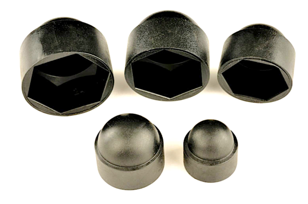 Bolzenabdeckungen (Abdeckklappen) aus PE in Form einer Hutmutter. Farbe schwarz.